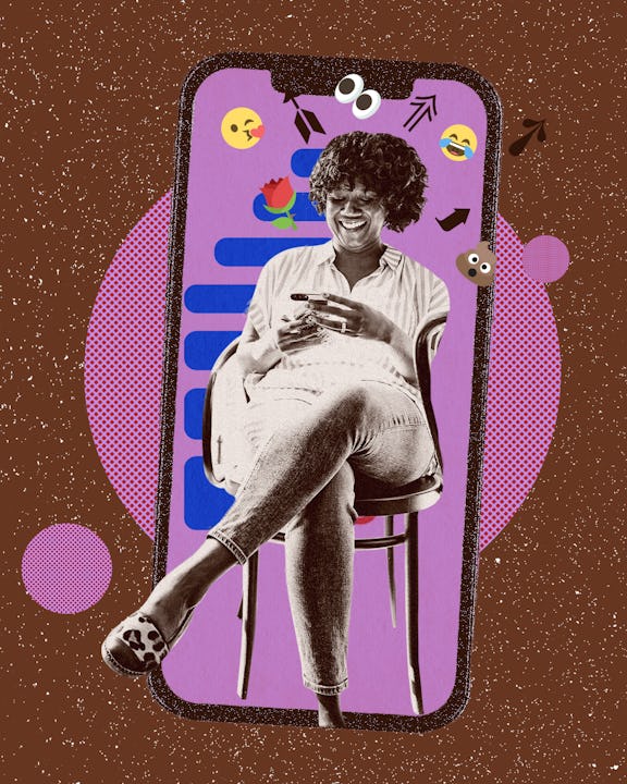 A woman looking at her phone while sitting on a chair with a purple background and emojis collage