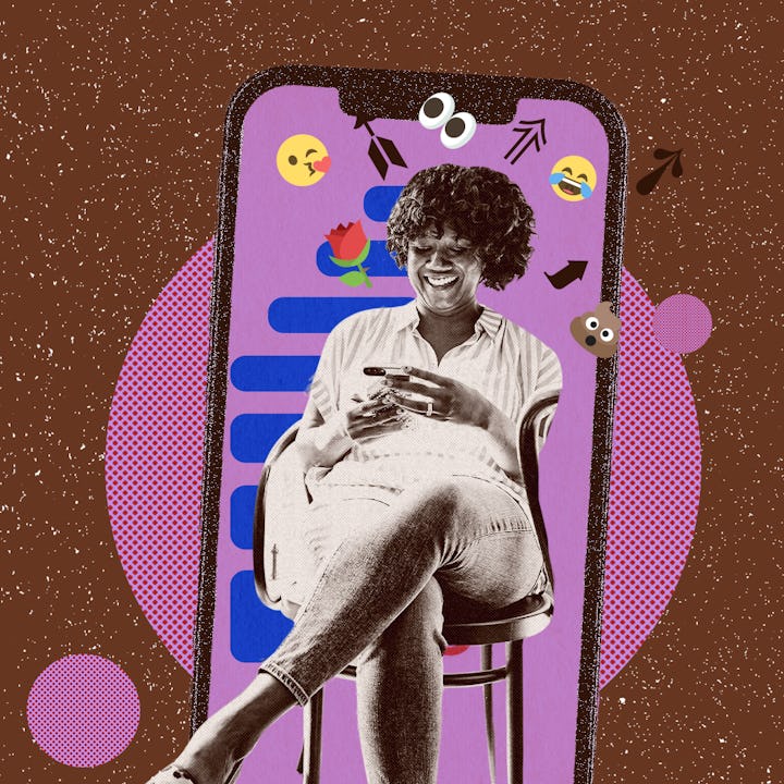 A woman looking at her phone while sitting on a chair with a purple background and emojis collage