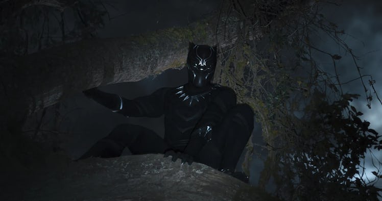 T'Challa (Chadwick Boseman) hides in a tree in 2018's Black Panther