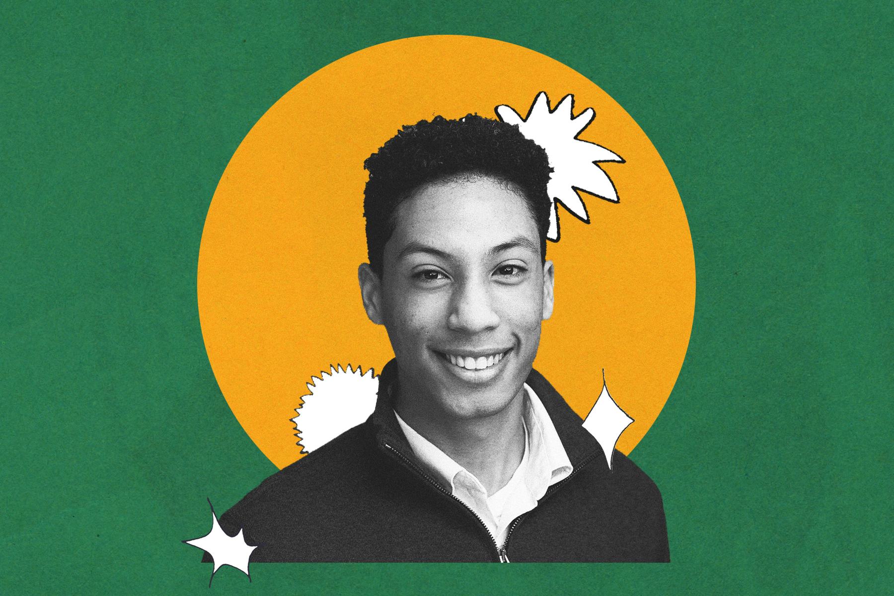 Climate activist Zanagee Artis on a green background with a yellow circle in the middle 