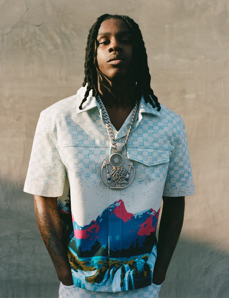 Polo G wears a Louis Vuitton Men’s shirt and pants; his own necklace (throughout).