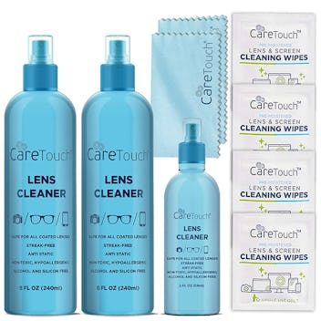 Care Touch eye glass lens cleaner kit comes with spray, wipes, and cloths.