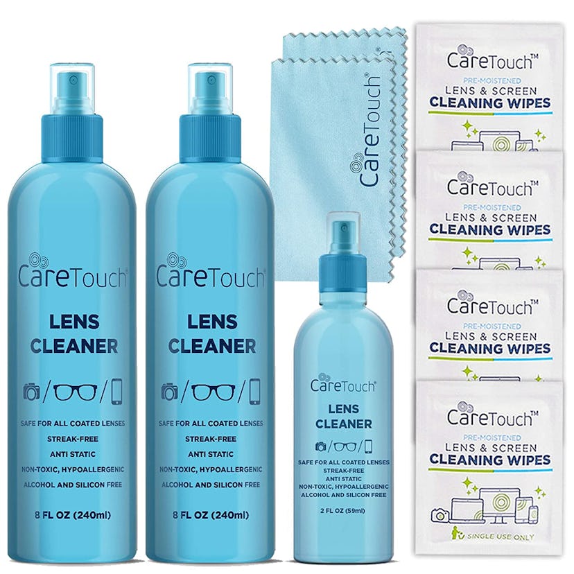 Care Touch eye glass lens cleaner kit comes with spray, wipes, and cloths.