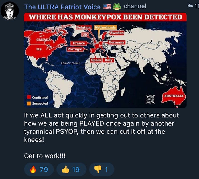 Screenshot of QAnon post on Telegram related to monkeypox conspiracies