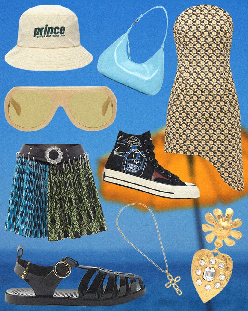 A collage featuring various fashion items and accessories