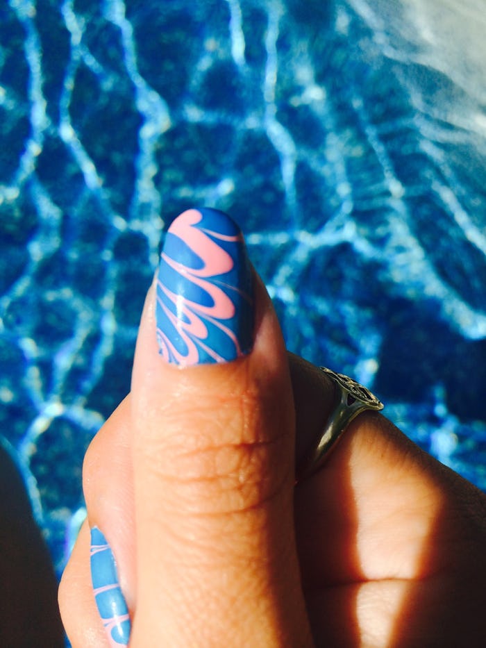 pink and blue wave design is a cute summer nail design idea
