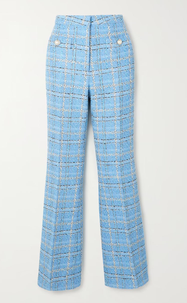 Embellished checked metallic bouclé-tweed flared pants