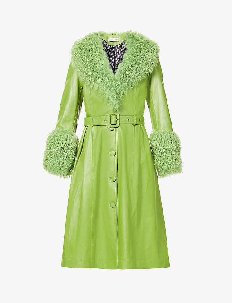 Saks Potts green shearling-trimmed coat