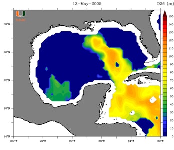 An image of the Gulf of Mexico showing how deep heat reaches in 2005, with a clear loop from west of...