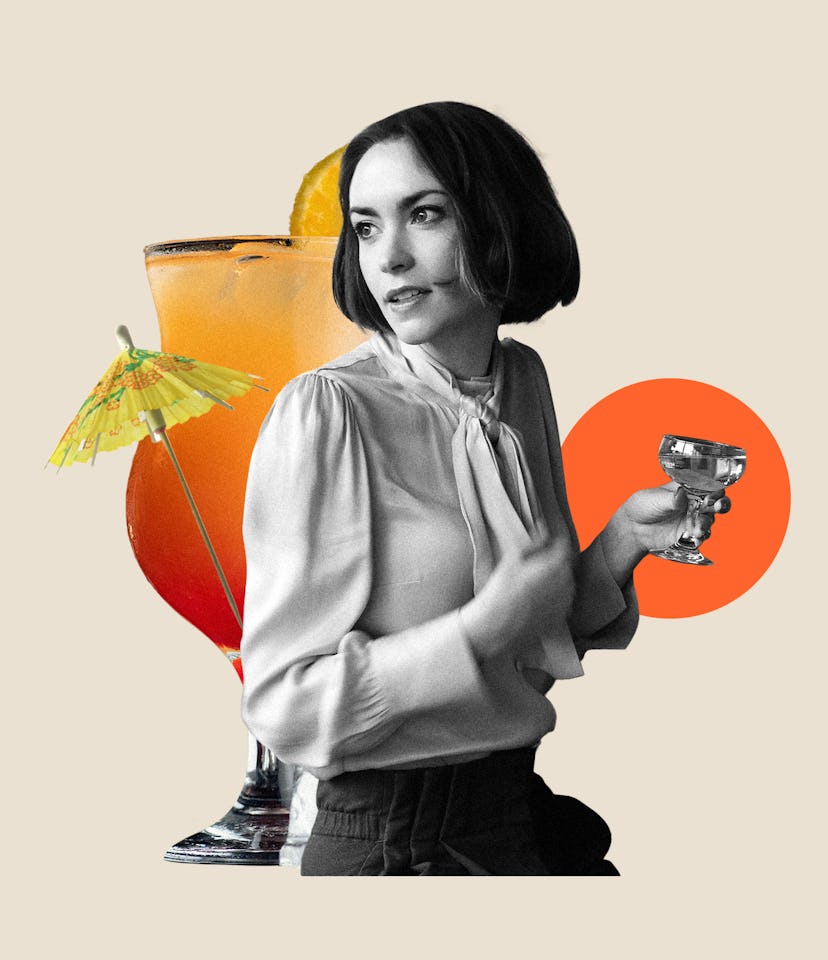 TikToker Hannah Chamberlain in an abstract collage with drinks and orange geometric shapes