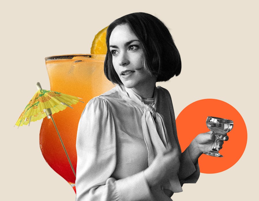 TikToker Hannah Chamberlain in an abstract collage with drinks and orange geometric shapes