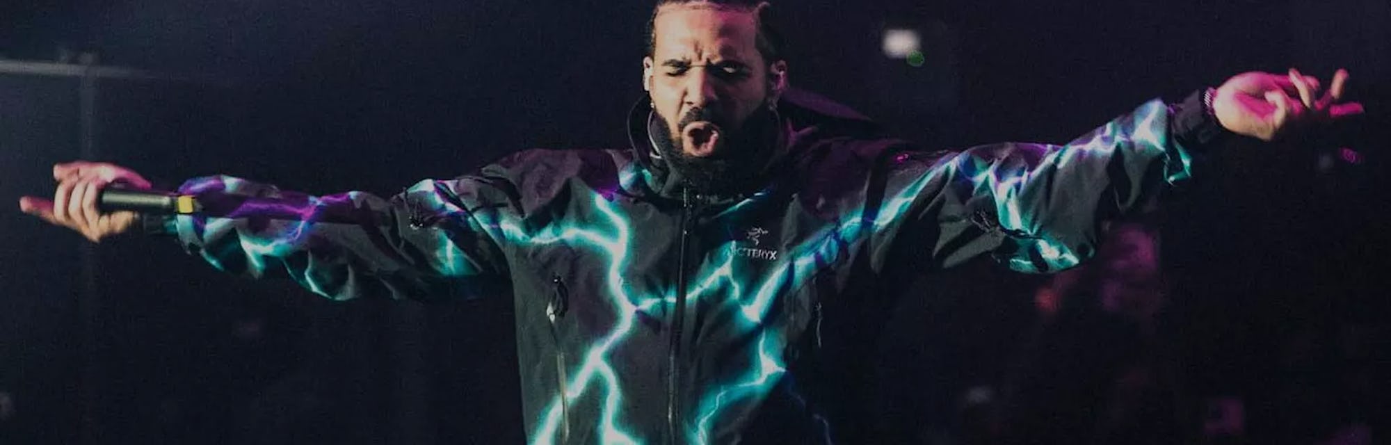 Drake goes full gorp with a custom lightning bolt Arc teryx jacket