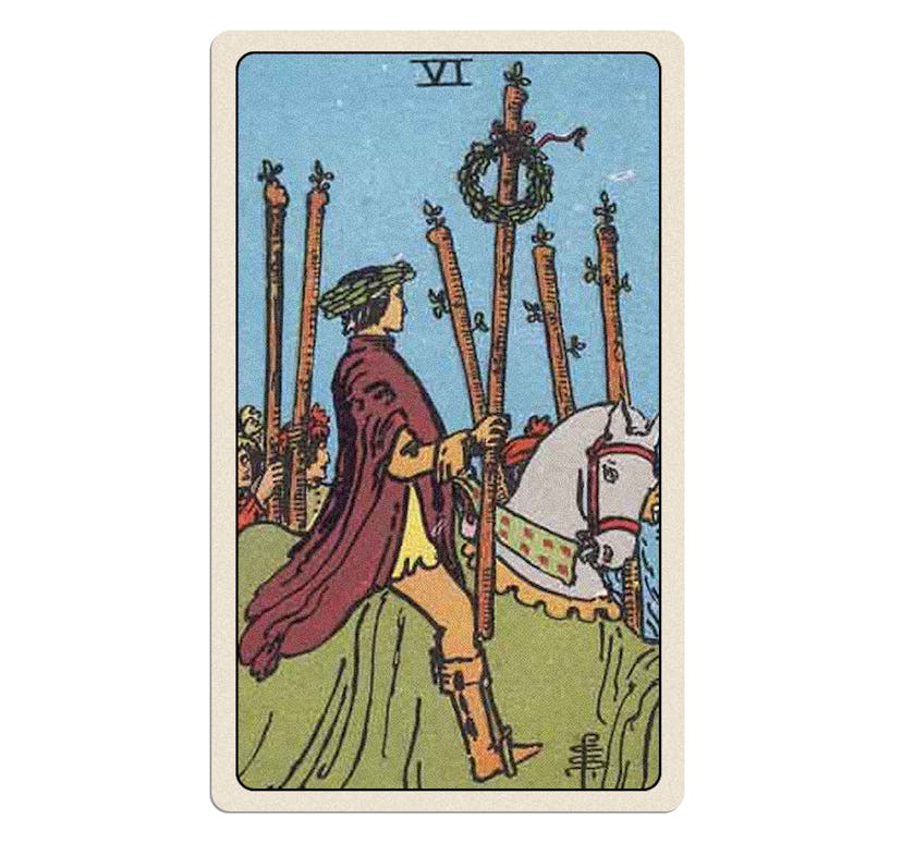 the six of wands in the rider-waite tarot deck. tarot reading.