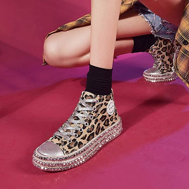 JITUUE Rhinestone Embellished High Top Canvas Sneakers