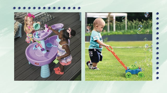 A two-part collage: Little girls playing with toys outdoors, and a little boy playing with lawnmower...