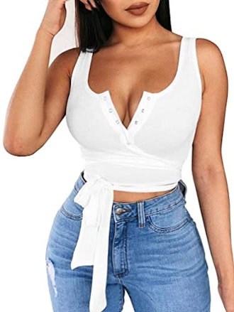 LAGSHIAN Button-Up Strappy Casual Basic Crop Top