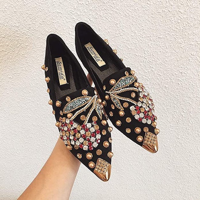 SWYIVY Rhinestone Embellished Pointed Toe Flats