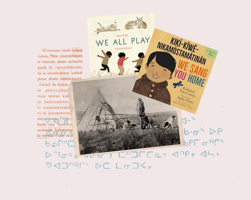 A collage of inserts from children's books in nêhiyawêwin and a black and white photo