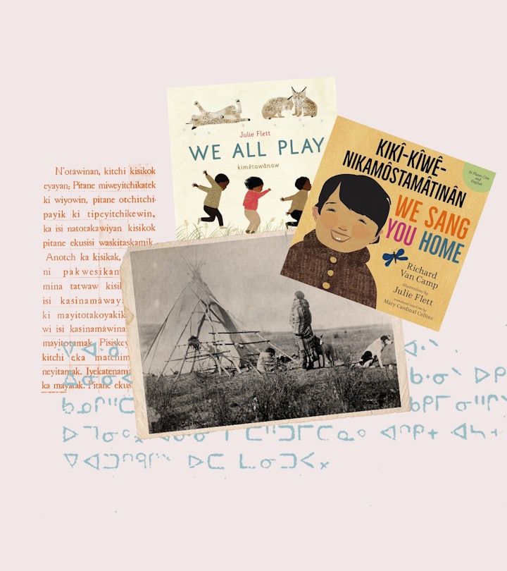 A collage of inserts from children's books in nêhiyawêwin and a black and white photo