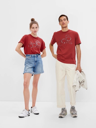 Two models wearing a Gap x 'Stranger Things' t-shirt.