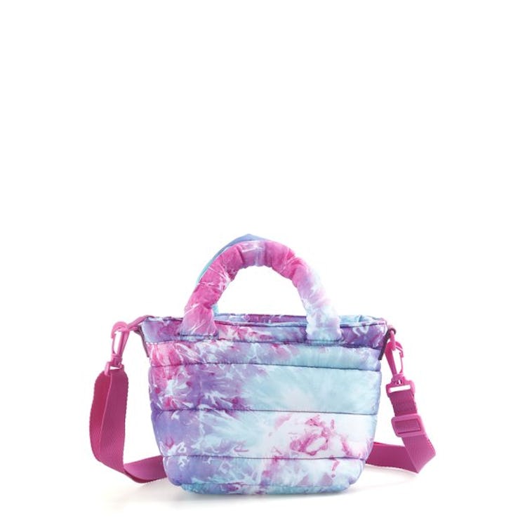 A tie-dye, puffy purse designed by No Boundaries.