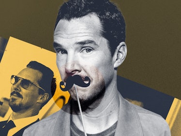 A collage with Benedict Cumberbatch holding a moustache stick over his mouth and him wearing sunglas...