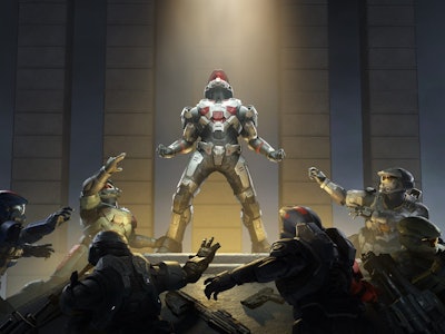 An insert from Halo Infinite of a robot standing on a podium with other robots climbing on it 