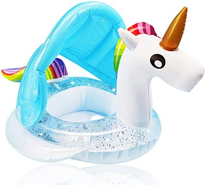 Unicorn pool float with canopy for toddlers, in a story about pool floats for babies