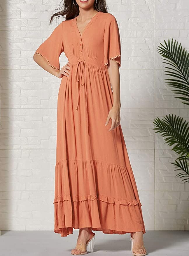 R.Vivimos Short Sleeve V-Neck Midi Dresses