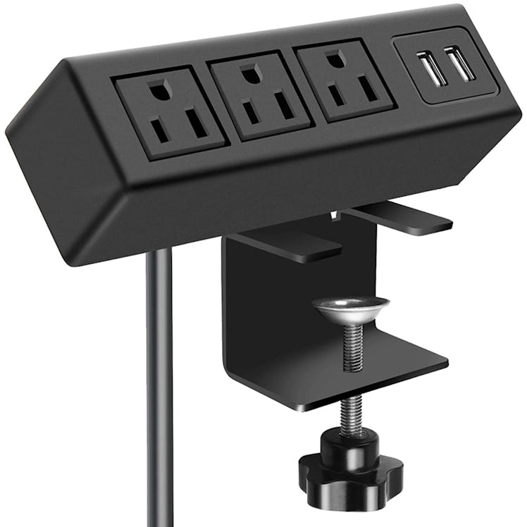 This power strip for standing desks is easy to install — just clamp it in place. 