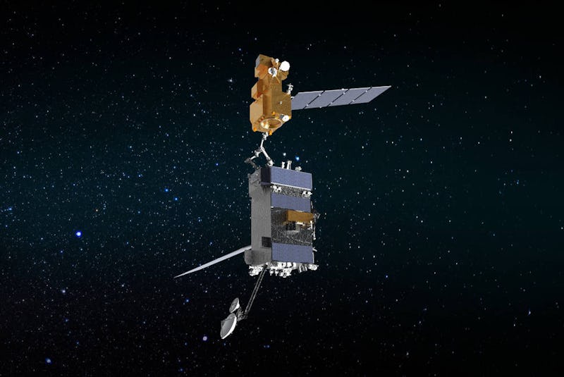 Illustration of OSAM-1 (bottom) grappling Landsat 7.