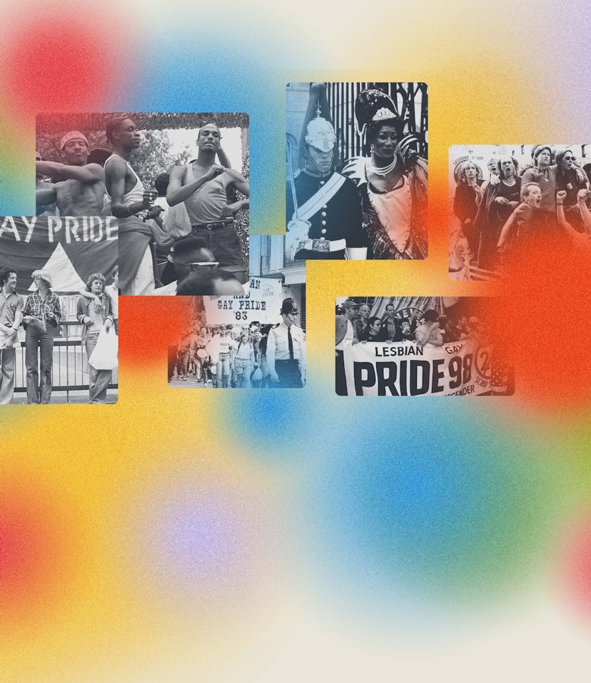 The collage shows eight vintage photographs of UK Pride activists throughout history. 