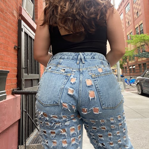 good american light wash good '90s laser butt cut-out jeans