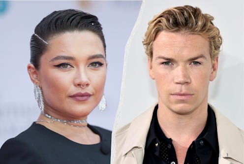 A side by side composite image of Florence Pugh wearing black with her hair in a side-parting and Wi...