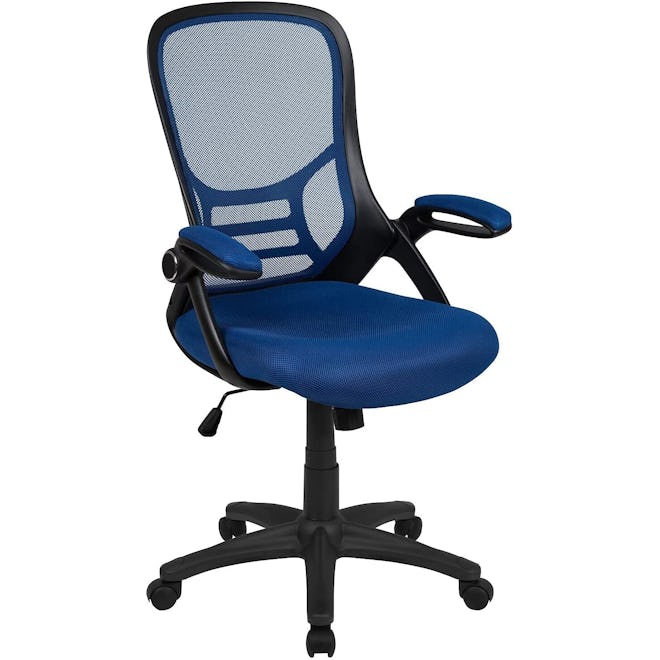 This office chair under $200 has a high back and armrests that flip up.
