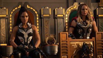 Tessa Thompson and Natalie Portman as Valkyrie and Jane Foster in Thor: Love and Thunder.