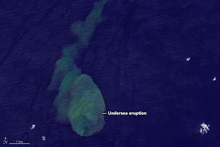 A satellite image depicting the explosion of an underwater volcano near the Solomon Islands.