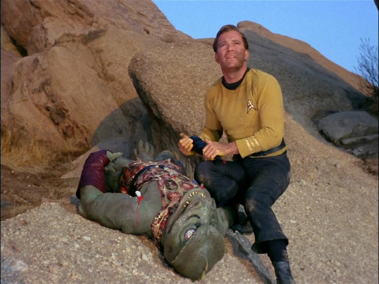 Captain Kirk (William Shatner) refuses to murder the Gorn Captain in “Arena.”