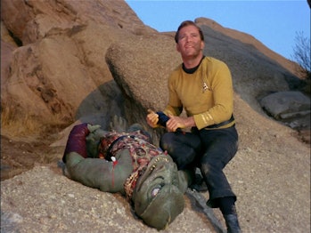 Captain Kirk (William Shatner) refuses to murder the Gorn Captain in “Arena.”