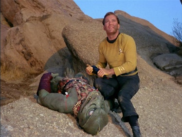 Captain Kirk (William Shatner) refuses to murder the Gorn Captain in “Arena.”