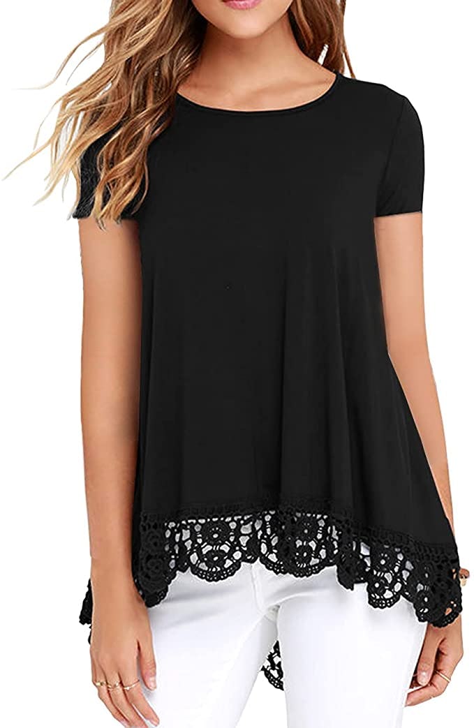 QIXING Short Sleeve Lace Trim Tunic Blouse
