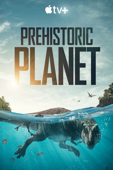 Prehistoric Planet poster of T-rex swimming