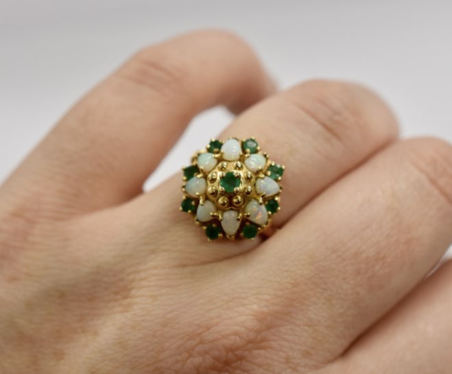 Vintage 14ct Opal & Emerald Elaborate Bombe Style Ring