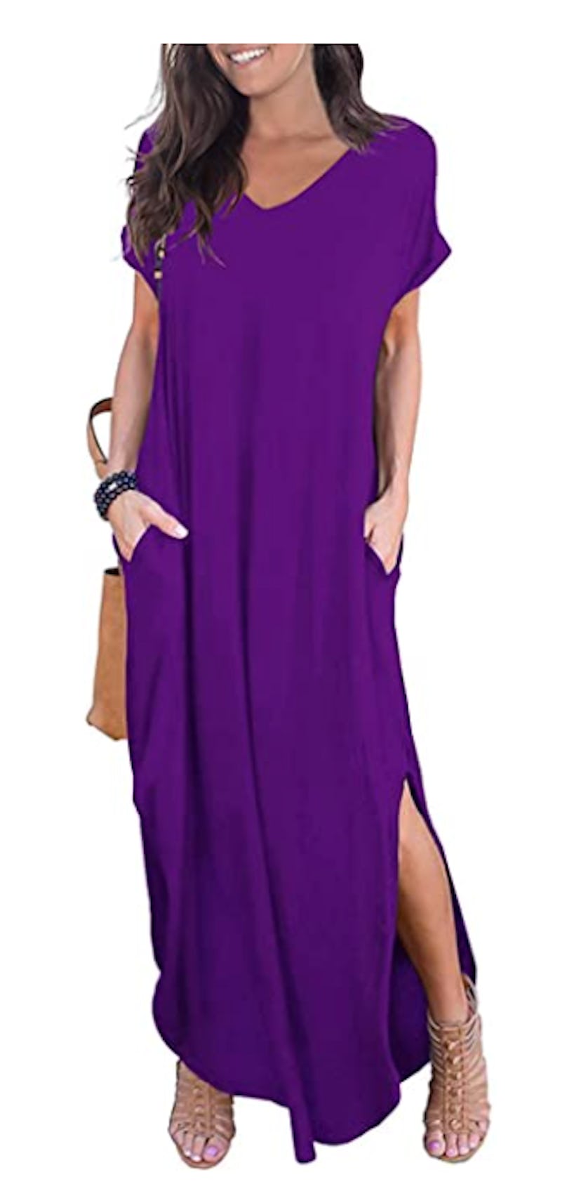 An unexpected back cut-out gives this comfy maxi dress added interest.