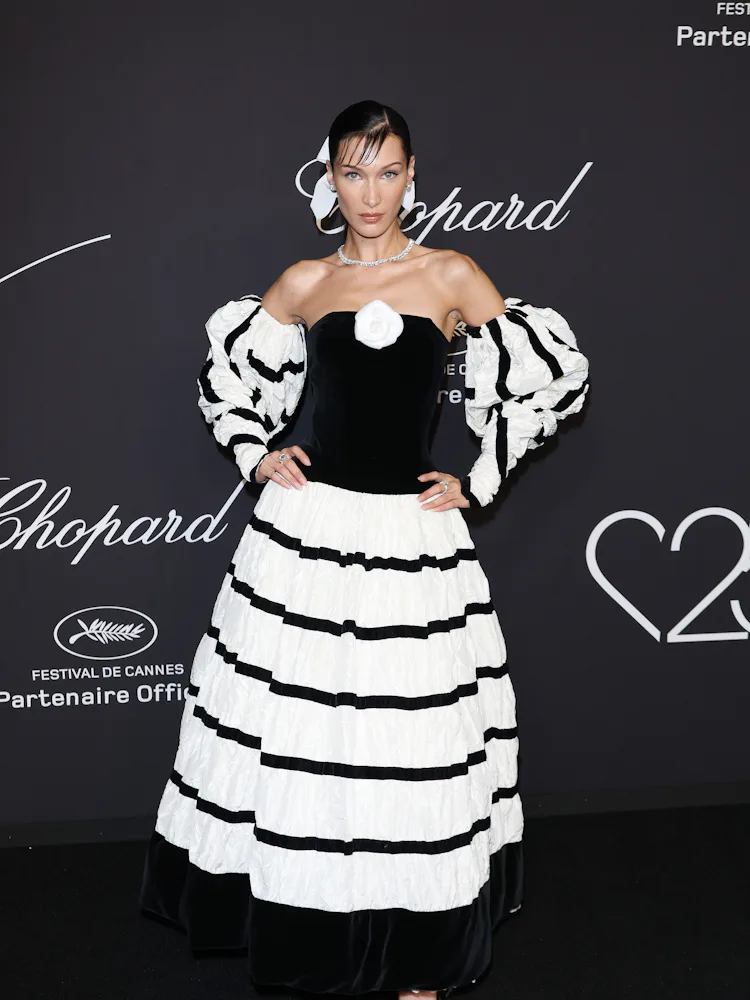 bella hadid black and white dress Bella Hadid Kicks Off the Cannes Glamour in a Dress With a Heck of a Train