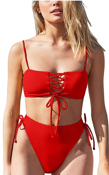 QINSEN Women's Spaghetti Strap Bandeau Lace Up High Waist 2PCS Bikini Set Simsuit