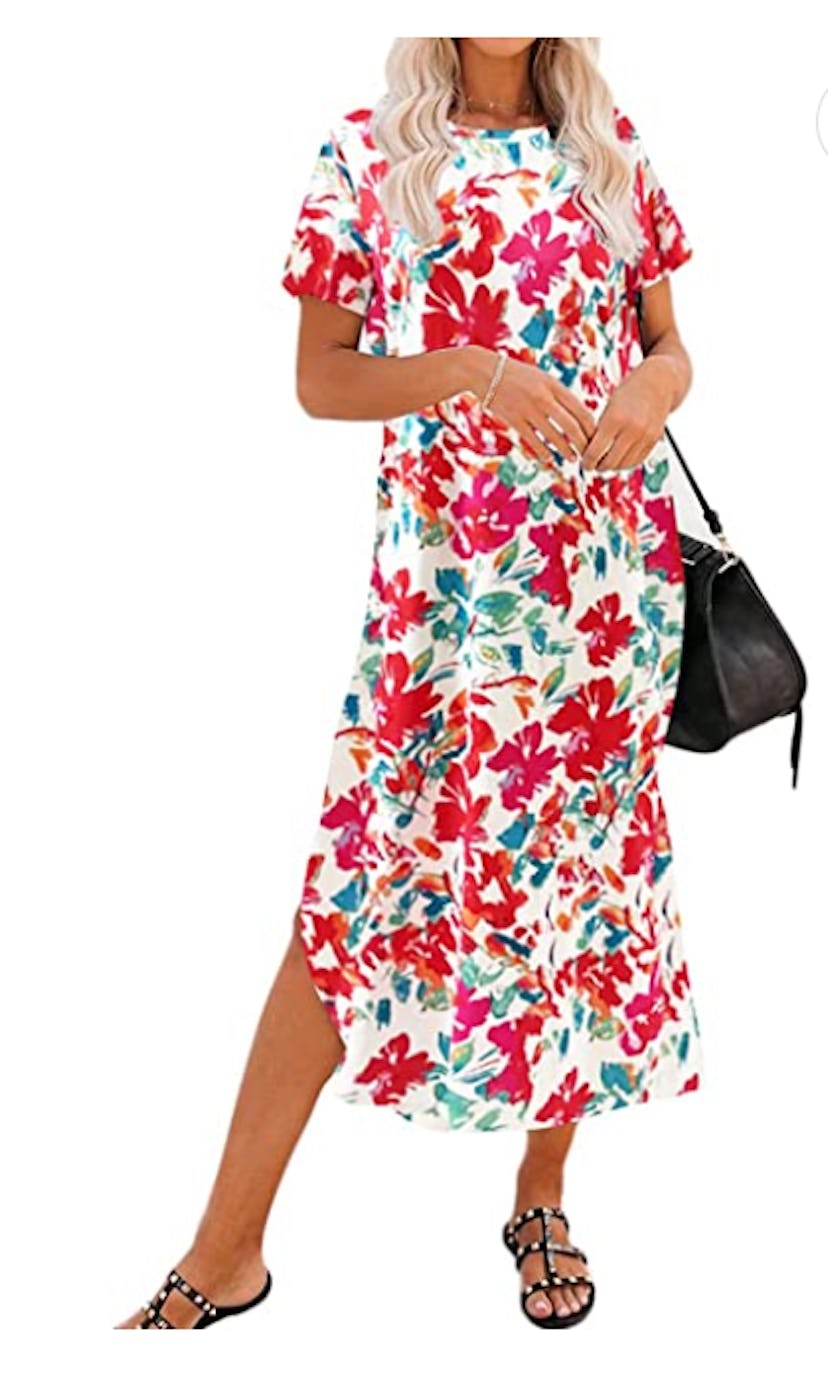 A short-sleeve split maxi fit shift dress works for everything from hanging at home to hitting the t...