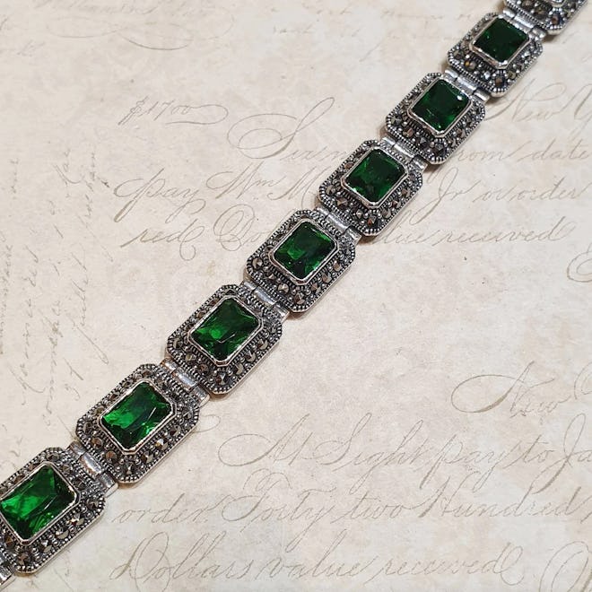 Emerald Green Bracelet Silver Marcasite Zircon