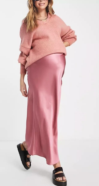 Maternity Satin Bias Midi Skirt In Rose