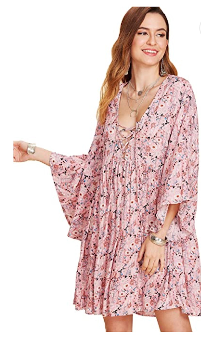 This boho floral print flared flowy v-neck mini dress gets rave reviews for being chic yet comfy.